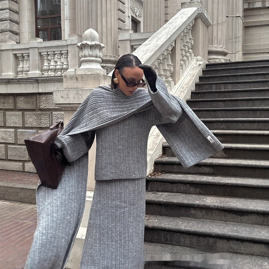 Crew Neck Pullover Sweater Skirt With Scarf Three-piece Set