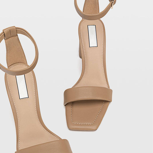 Women's Brown Thick High-heeled Sandals With Square Toe