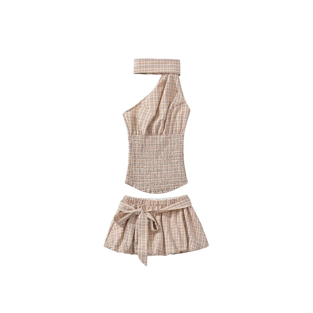 Stylish Plaid Halter-Neck Cami With Lace-Up A-Line Culotte Set