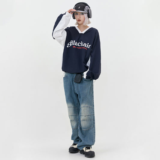 Letter V-collar Contrast Color Couple Long Sleeve Pullover Hoodie
