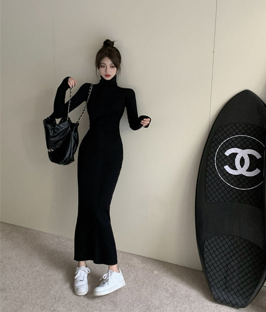 Womens Slim-Fit Knitted Turtleneck Maxi Dress