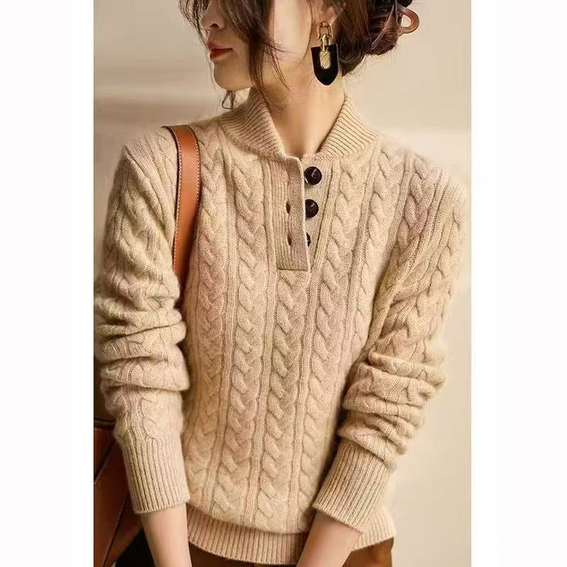Baseball Collar Twisted String Textured Knitted Sweater For Women