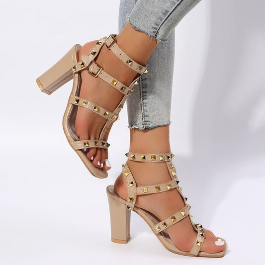 Women's Square Head Metal Rivet High Heel Sandals