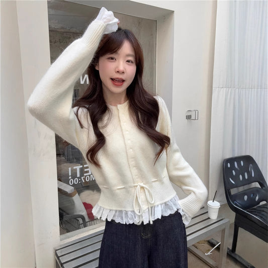 Womens Solid-Color Defined-Waistline Lace-Patchwork Sweater