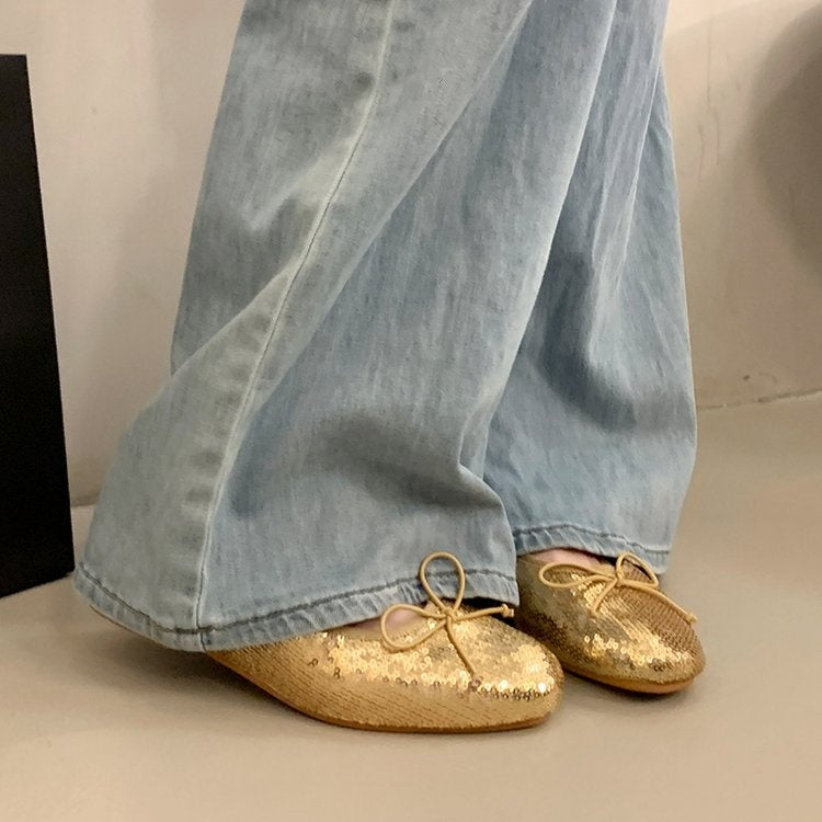 Round Toe Bow Sequin Ballet Flats, Low Cut Slip-on French Style Casual Flat Shoes