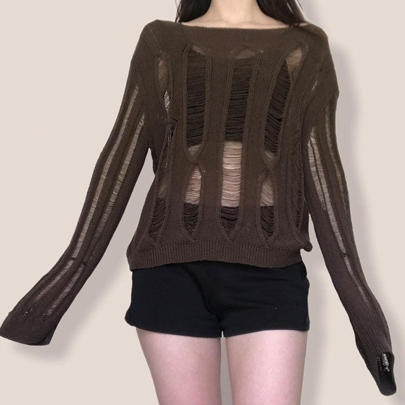 Temperament Crew Neck Long Sleeve Hollow-out Loose Casual Bottoming Sweater