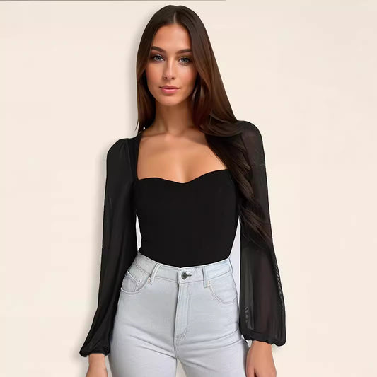 Sexy Fashionable Patchwork Mesh Lantern-Sleeve Jumpsuit For Women
