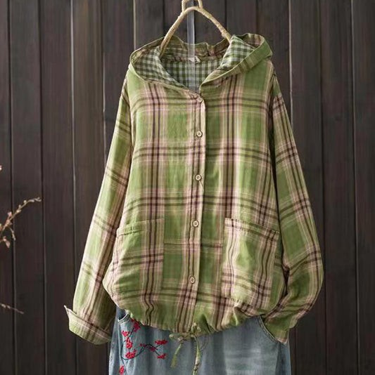 New Korean-style Oversized Artistic Retro Casual Plaid Cotton-linen Double-layer Shirt With A Hood