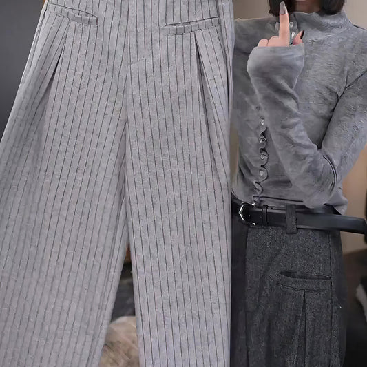 Gray Striped Design Fashion Woolen Pants