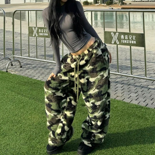American-style Camo Jacquard Retro Autumnwinter Lambswool Thermal Loose Wide-leg Casual Pants