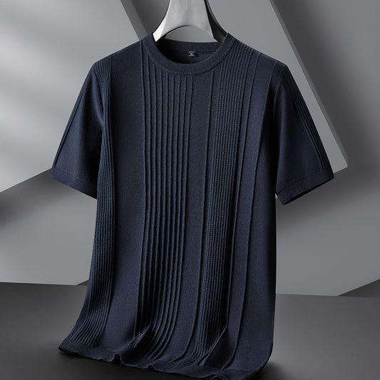 Men's Plus-sized Casual Round Neck Jacquard Sweater With Short Sleeves