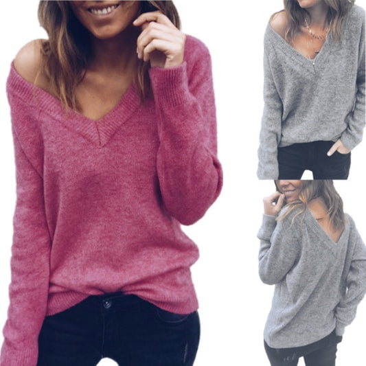 Sweater Large V-neck Long Sleeve T-shirt Top Women's Clothing