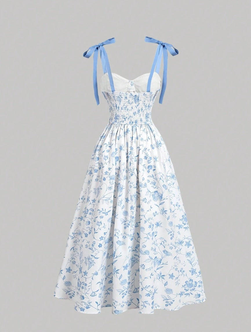 Elegant Lace-Up Shoulder With Floral Print Waist-Cinching Design Vacation-Ready Chic Casual Slip Dress