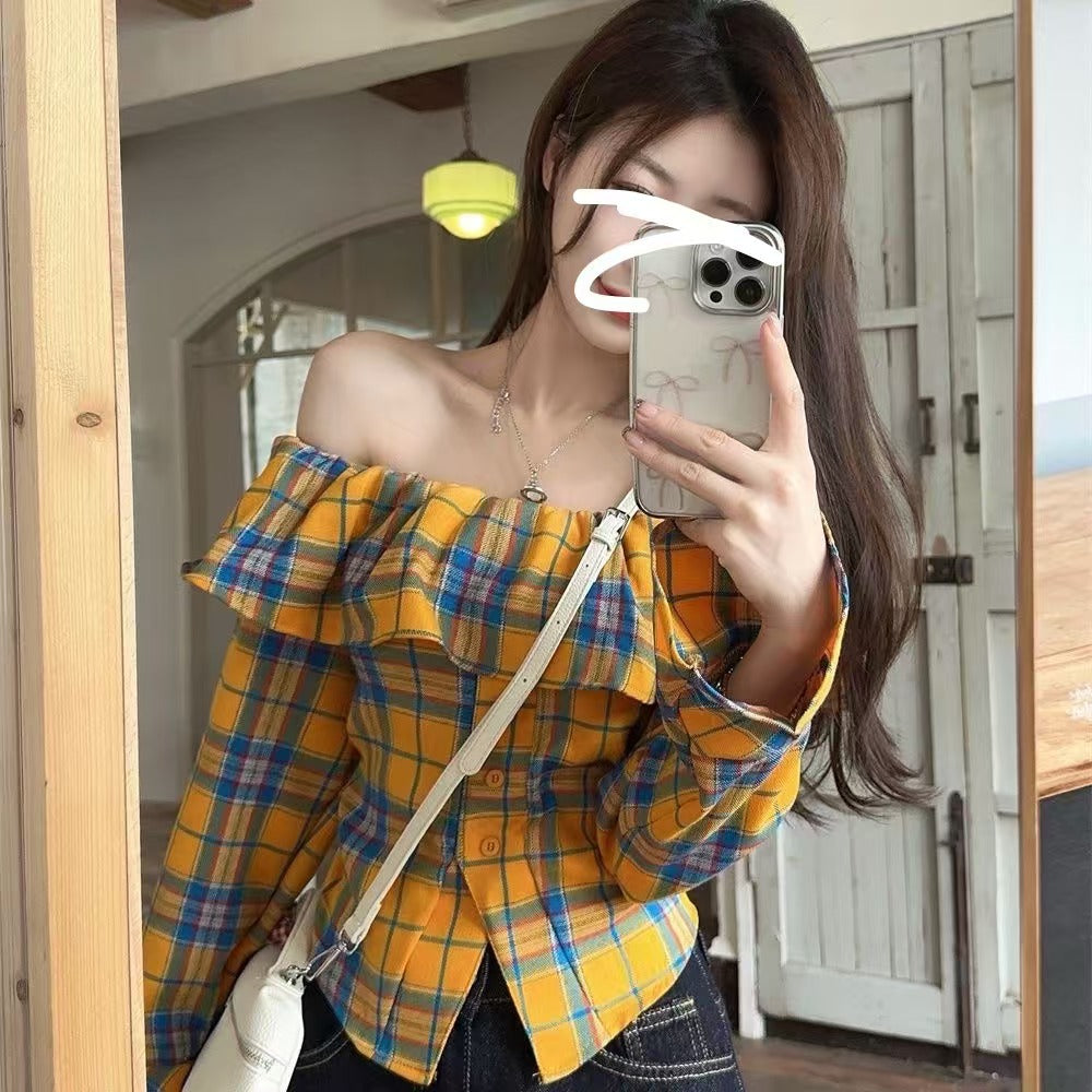 Ruffled Plaid Shirt Off-neck Off-the-shoulder Flared Sleeves