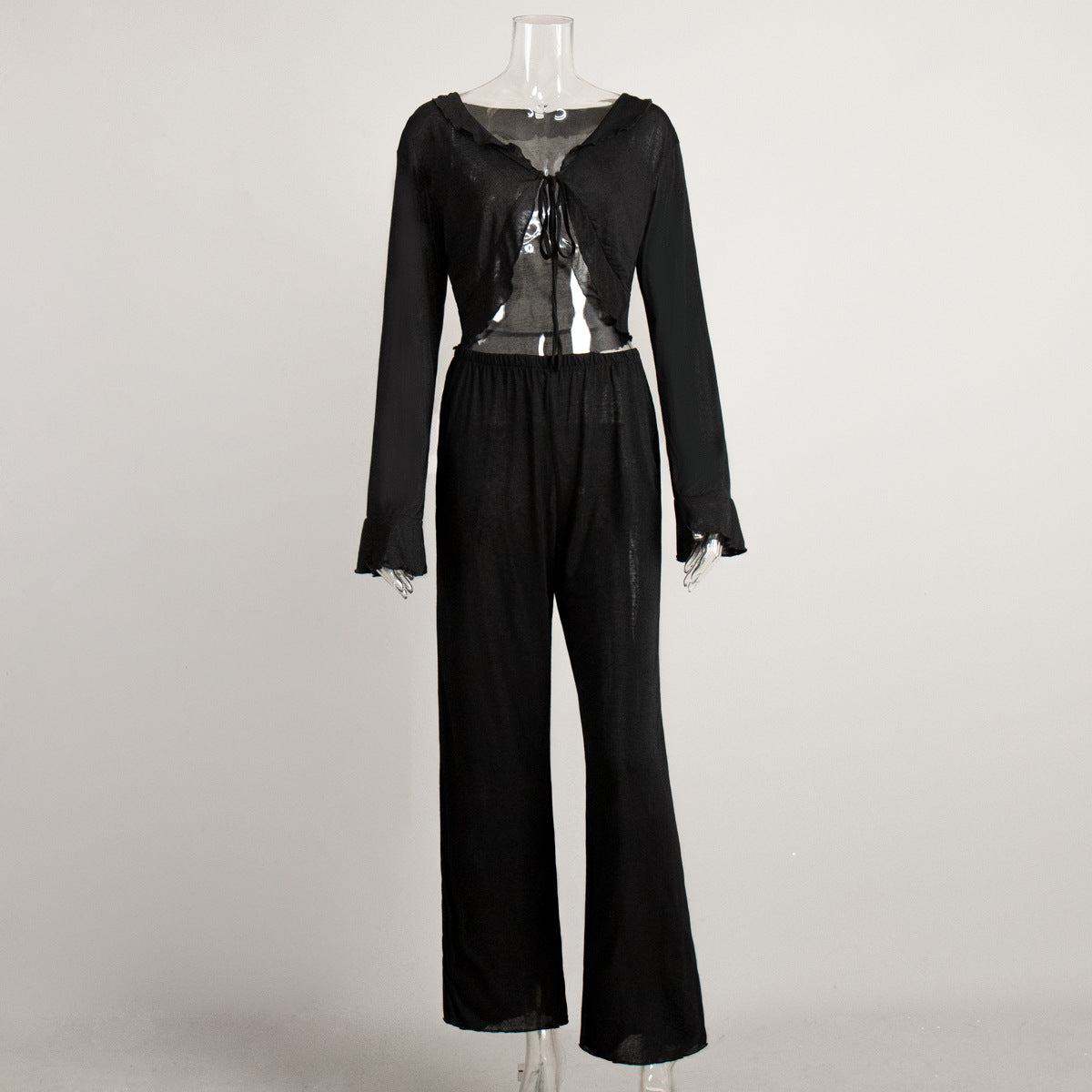 Womens Lace-Up Long-Sleeve Top And Pants Pajama Set