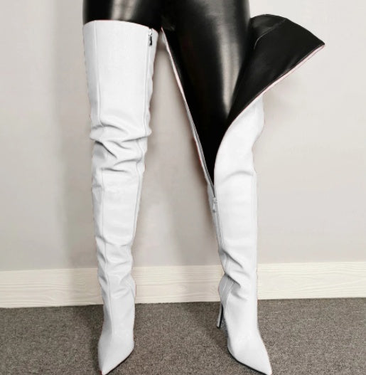 Ladies Color Boots Pointed Toe Pu Side Zipper High Heel Stiletto Plus Size Ladies Over Knee