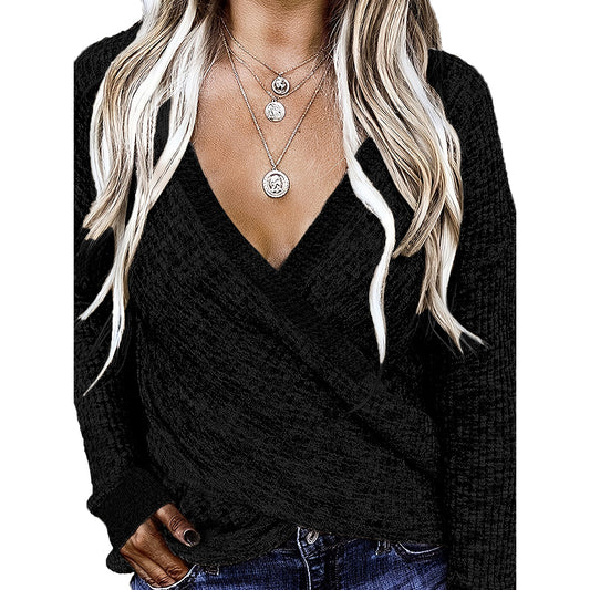 V-neck Cross-style Long-sleeved Woolen Pullover
