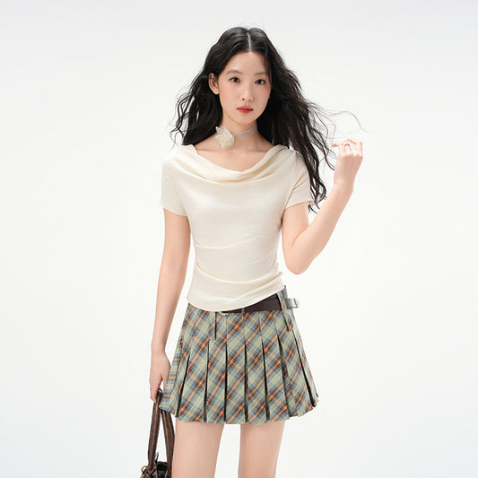 French One-shoulder Draped Neckline Short Sleeve Top