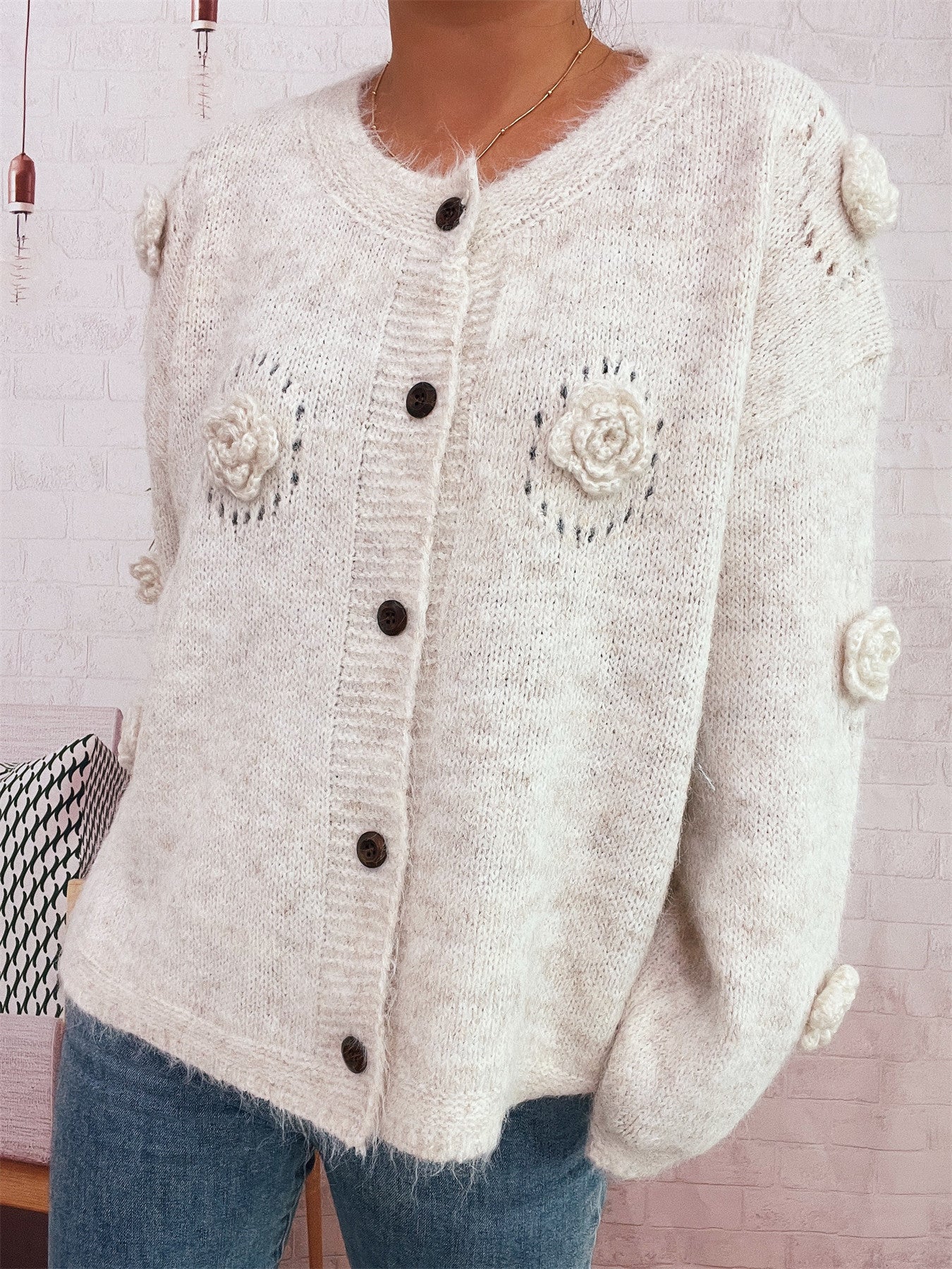 Three-dimensional Flower Cutout Knitted Coat Round Neck Cute Sweater