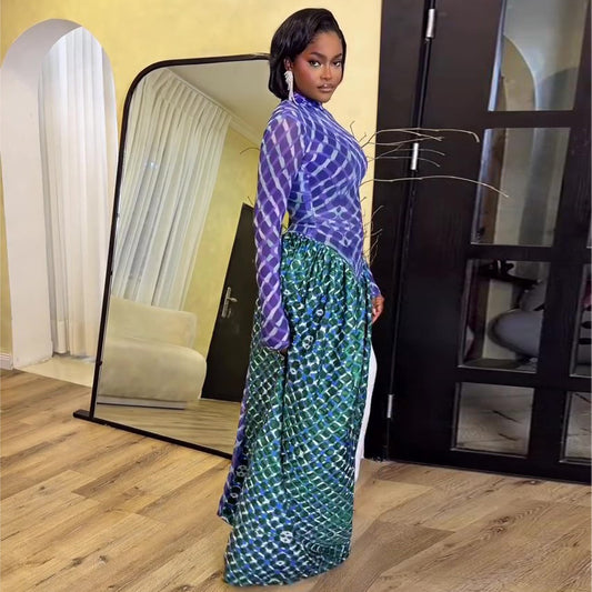 Color-blocked High-neck Figure-flattering Waist-cinching Maxi Dresselegant And Comfortable