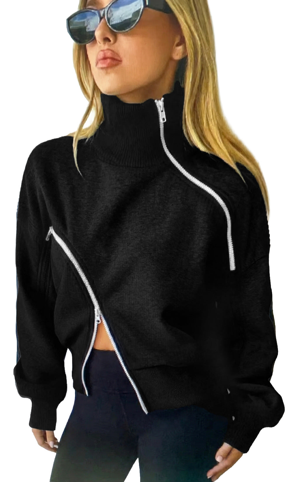 Contrast-color Zipper Short Chic Mock-neck Hoodie