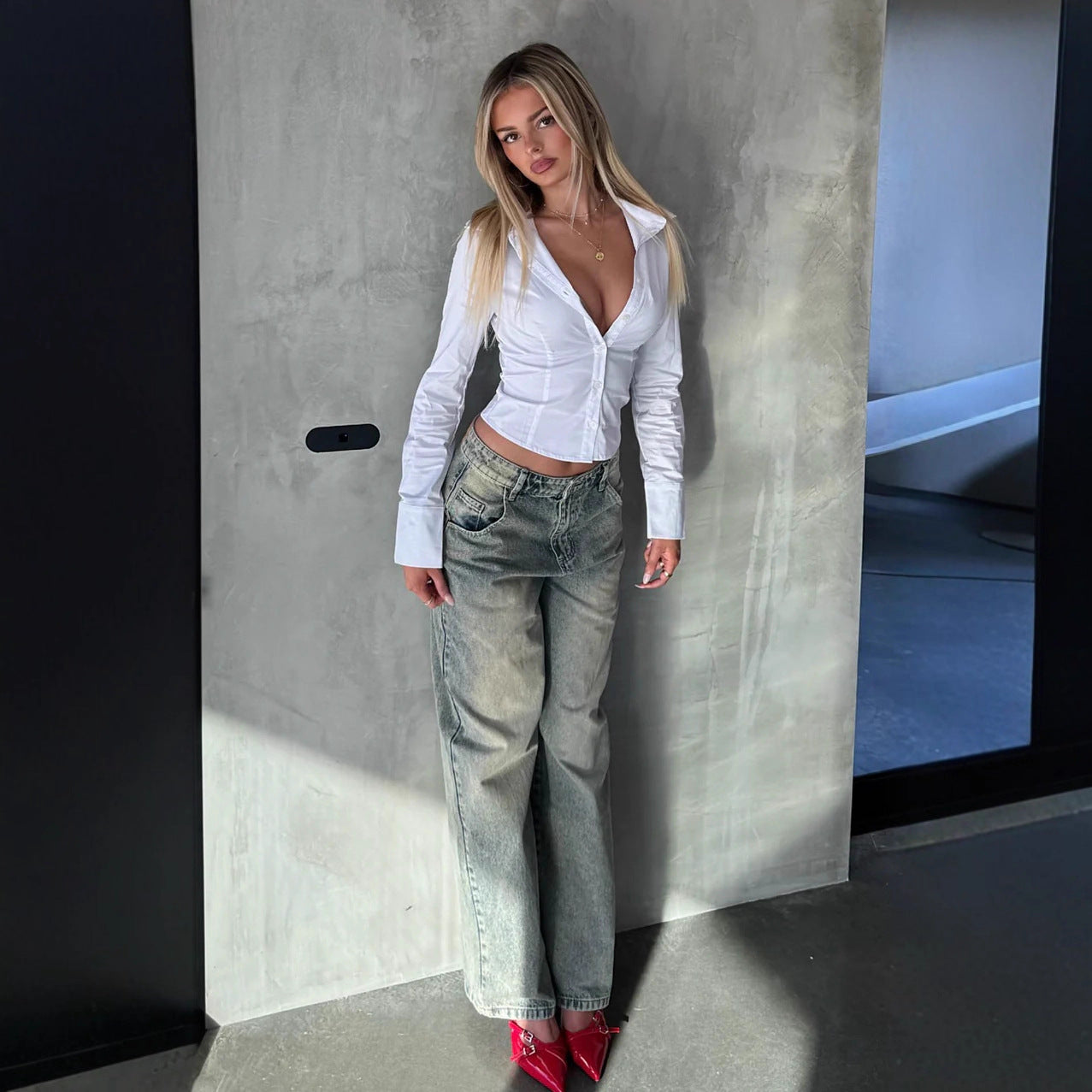 Womens Top Solid Color Slim-fit Ladies Long-sleeve Elegant