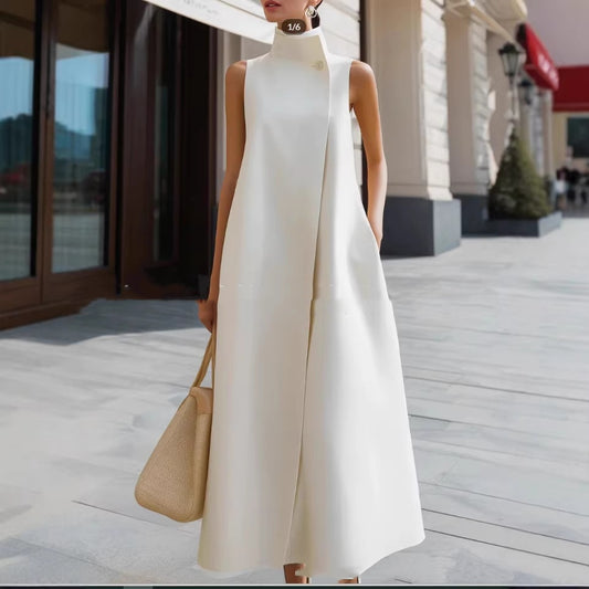 Solid-color Stand-up Collar Sleeveless Loose Cotton Dress