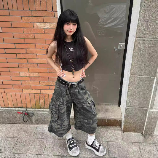 Summer Fashion All-matching High Waist Loose Straight Cargo Cropped Pants