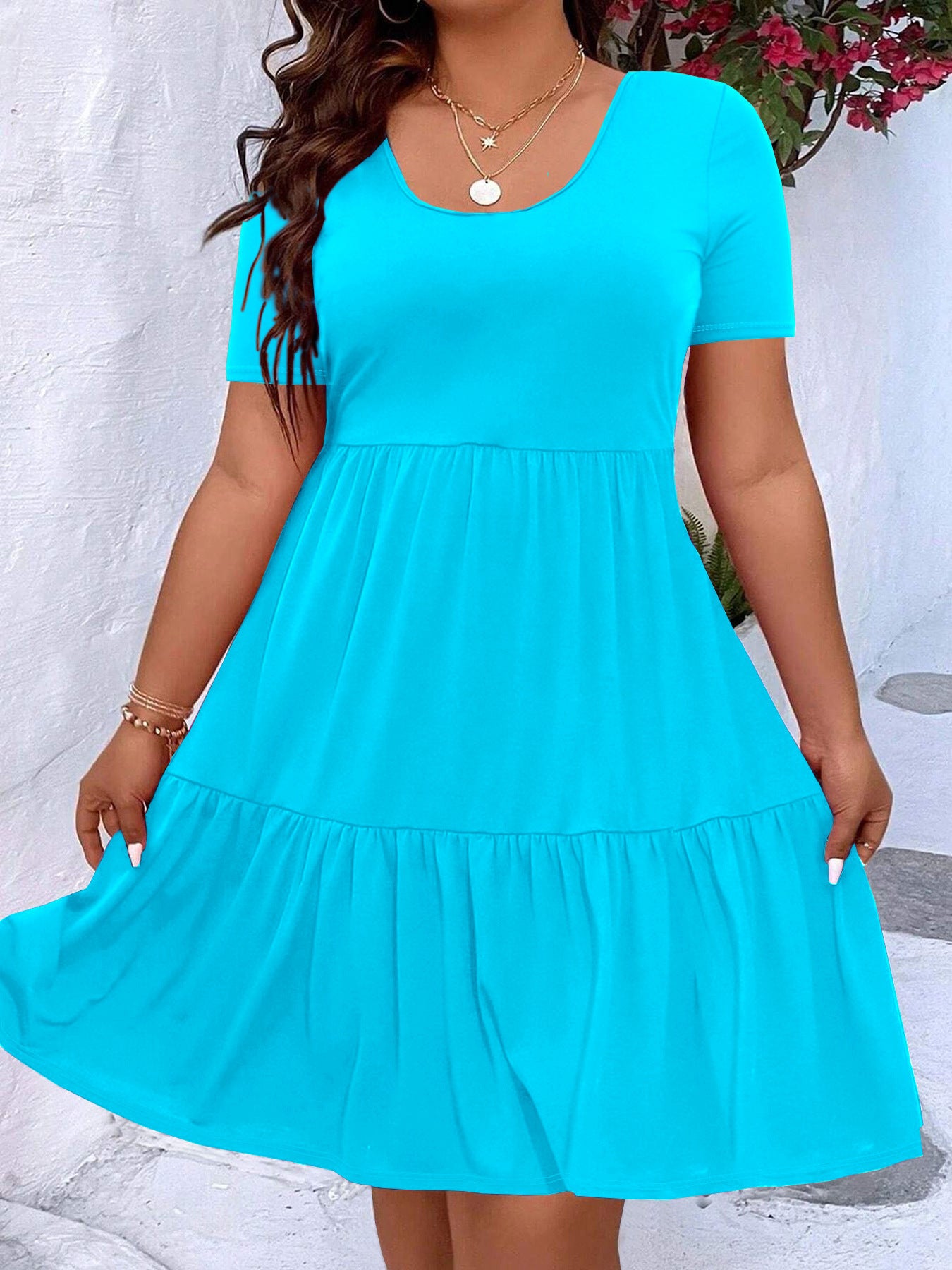 Plus-size Womens Pleated Solid-color Crewneck Dress