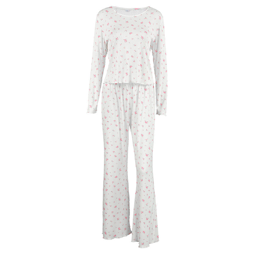 European And American Knitted Jacquard Hollow-out Printed Long-sleeve Pajama Set With Pants
