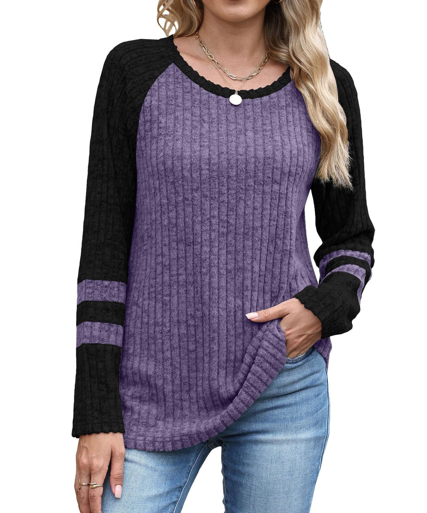 Europæisk og amerikansk mode langærmet sweater med kontrastfarve rund hals top
