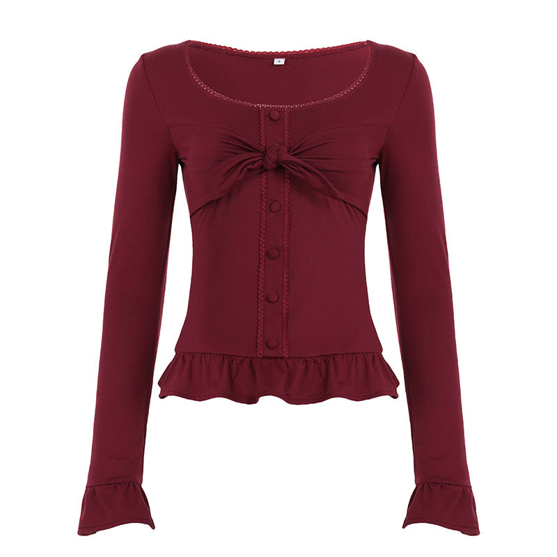 Sweet And Spicy Style With A U-neck And Ruffled Hem, Long-sleeved Design