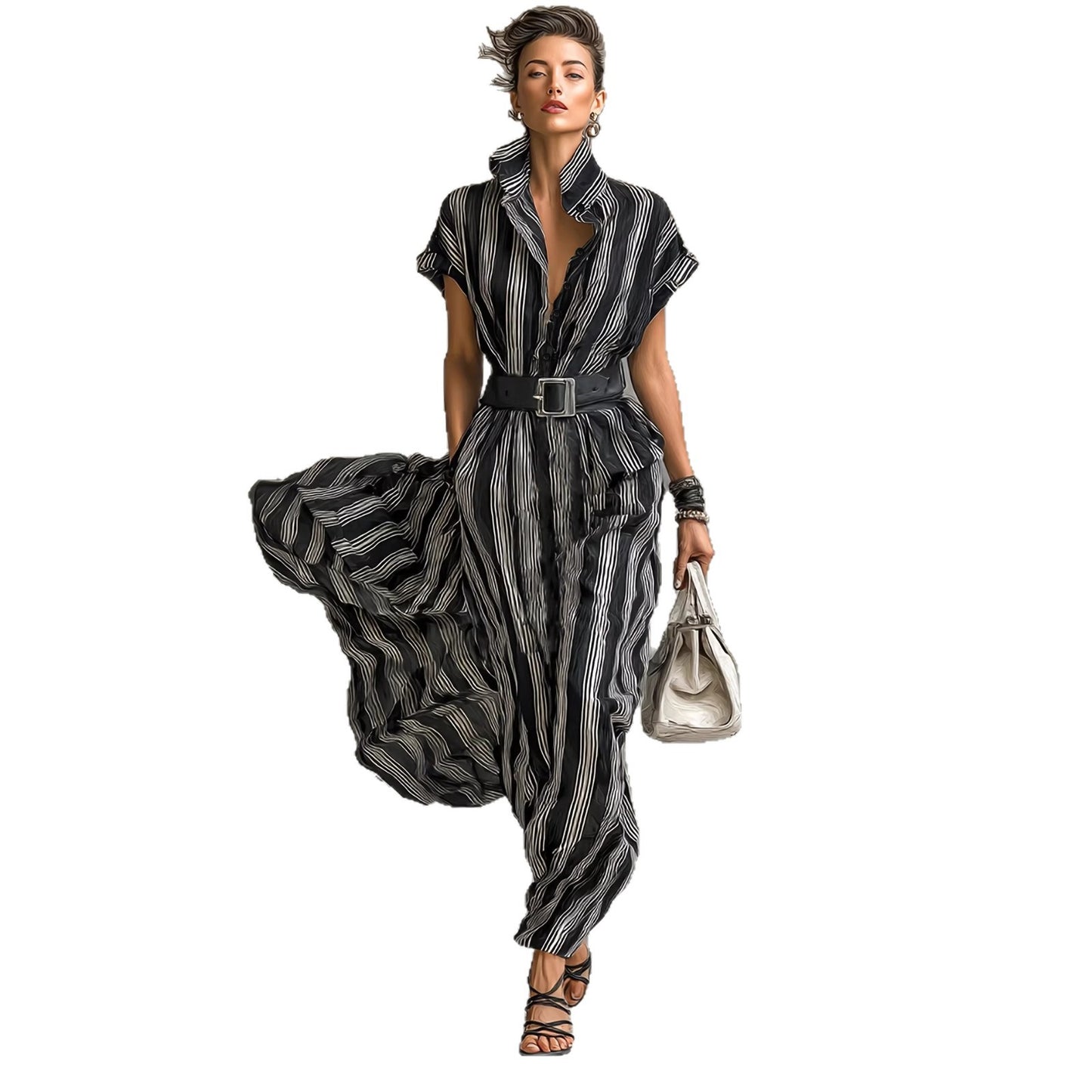 Elegant Womens Outfit Belted Short-sleeve Striped Shirt Dress