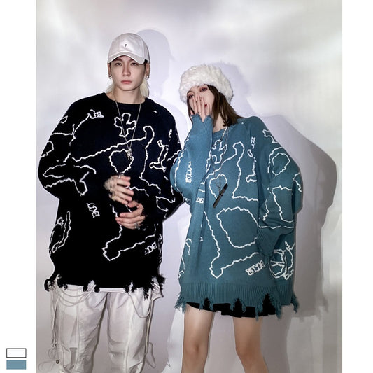 Blue Letter Jacquard Pullover Round Neck Winter Undercoat