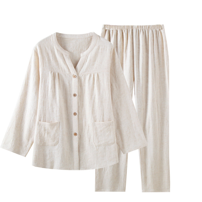 Womens Autumn Japanese-Style V-Neck Solid-Color Long-Sleeve Pantsuit