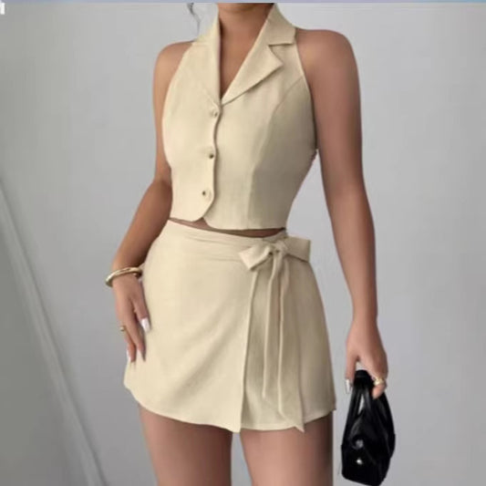 Fitted-waist Elegant Sleeveless Womens Two-piece Set