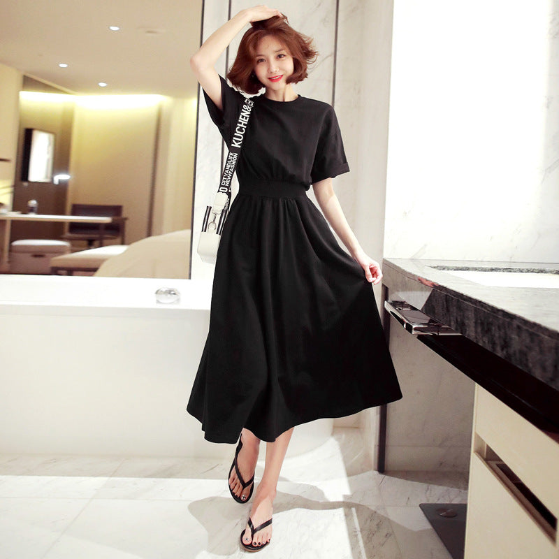 Slimming Defined Waist High-Waisted Round Neck Long Dress