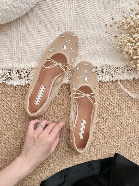 French Style Hollow-out Nude Apricot Temperament Sandals For Women, New 2026 Summer Gentle Rivet Fairy Mary Jane Mesh Sandals