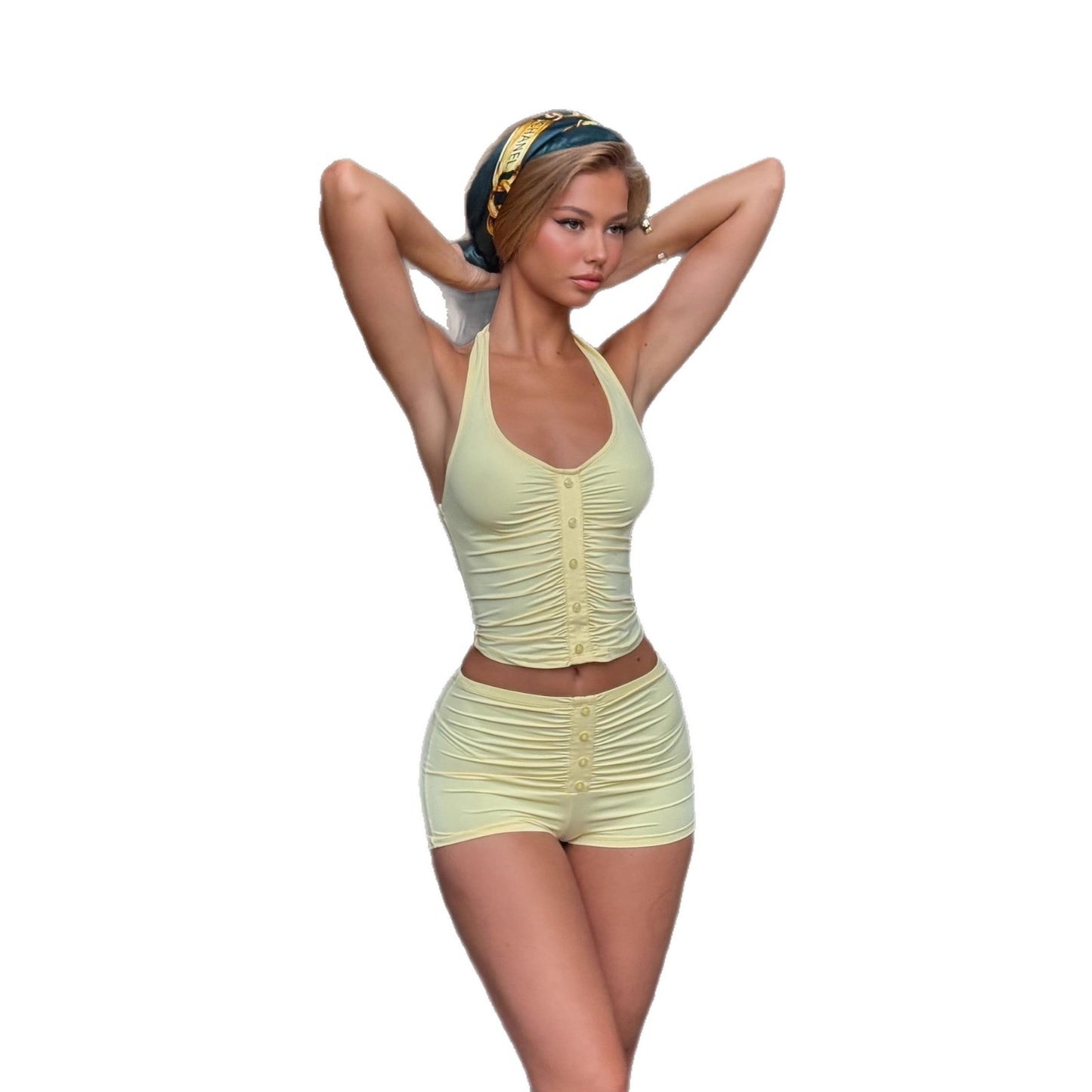 Sleeveless Pleated Halter Vest Shorts Set Summer