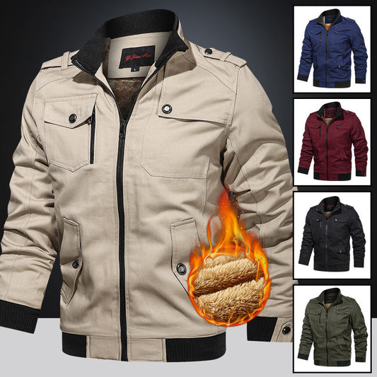 Fleece-lined Thickened Korean Style Casual Polo Collar Flight Jacket Warm-keeping Cotton Clothing