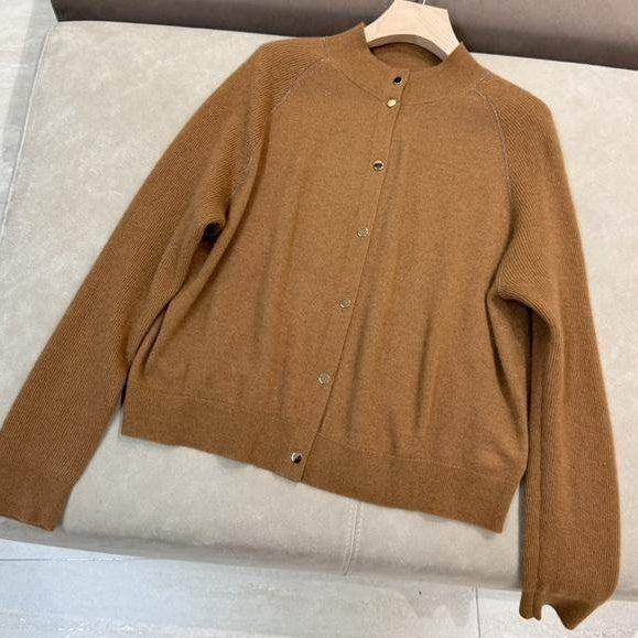 Womens AutumnWinter Crew-Neck Long-Sleeve Wool Knit Cardigan With A Relaxed Slimming Design