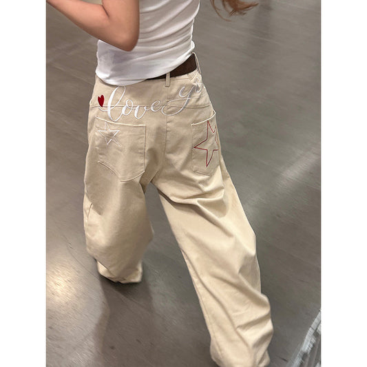 Street Retro Star Letters Embroidered Jeans For Women