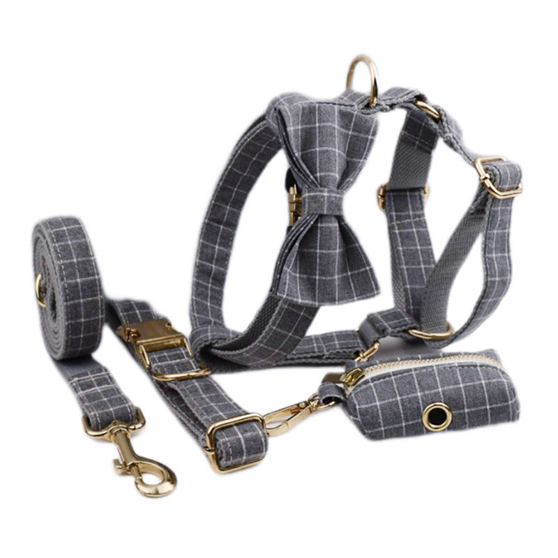 Gray Plaid Flannel Pet Collar Velvet Hand Holding Rope