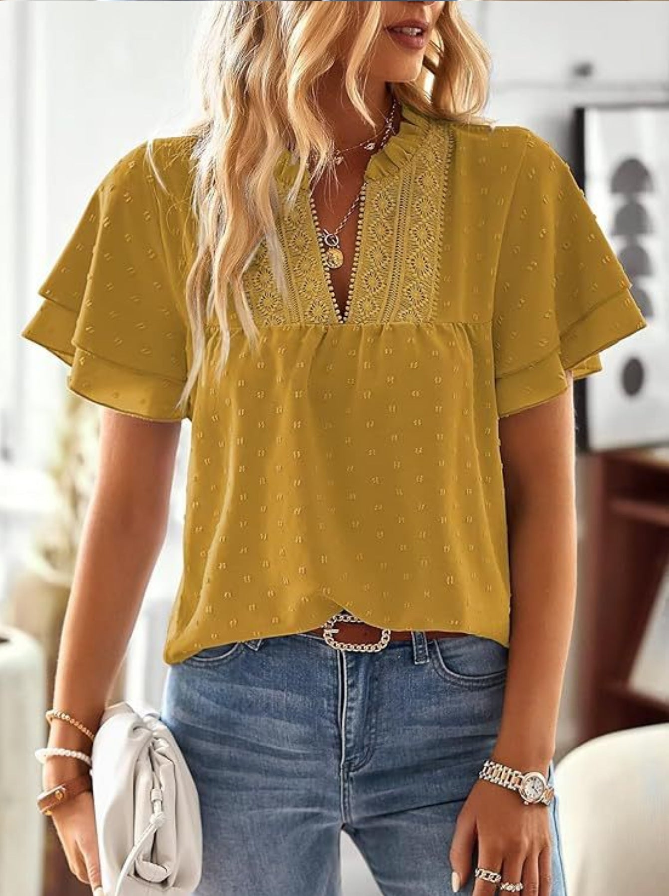 European And American Elegant Resort Style Deep V-Lace Short-Sleeve