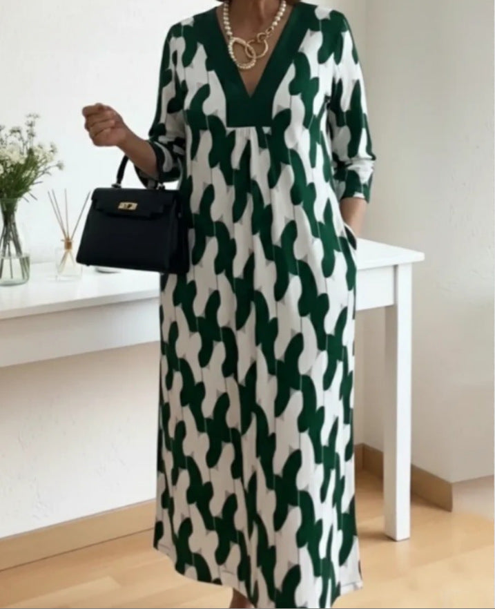 Womens V-neck Printed Dress Loose Fit For Comfort And Ease