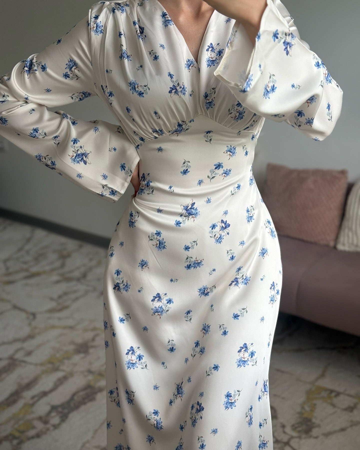 European And American Spring High-End French-Style V-Neck Satin Printed Maxi Dress