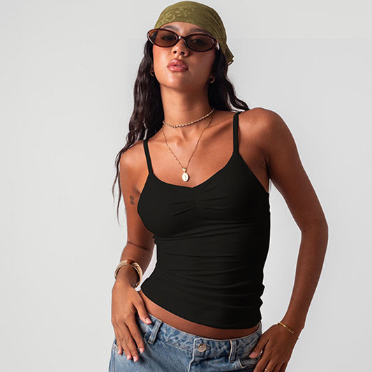 New Fashion V-neck Basic Style Solid Color Slim Strap Backless Vest