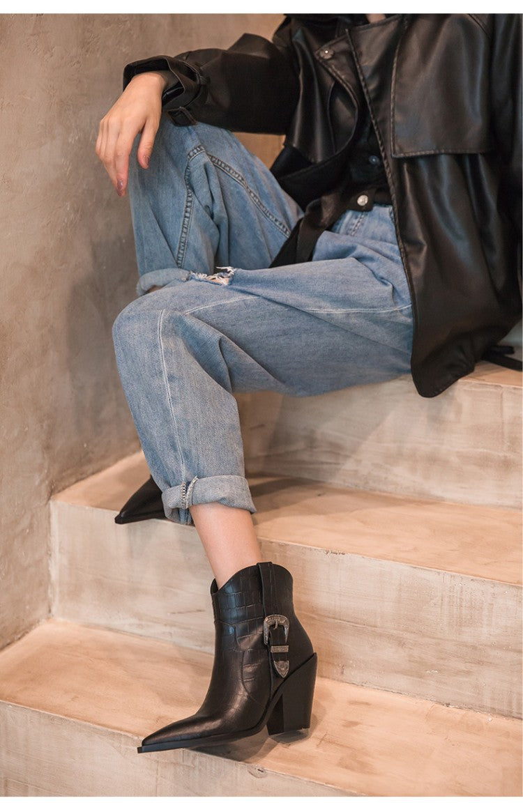 Thick Heel High-heeled Ankle Boots With Pointed Metal Belt Buckle