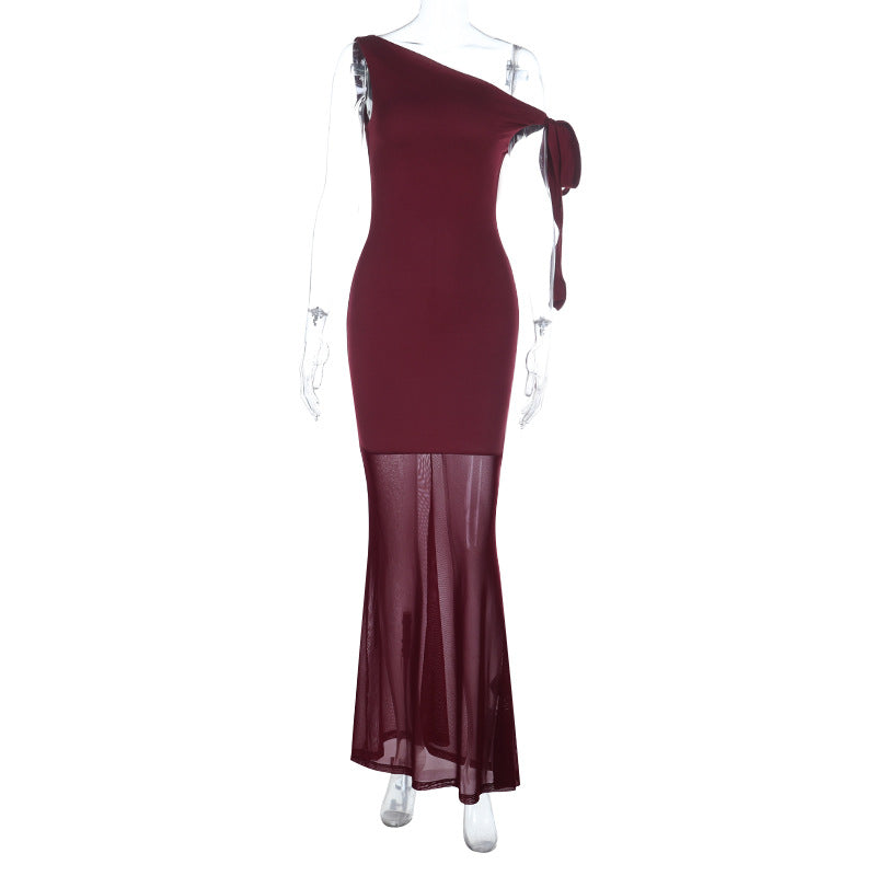Unique Elegant Off-shoulder Mesh Dress With Flowing Ribbons