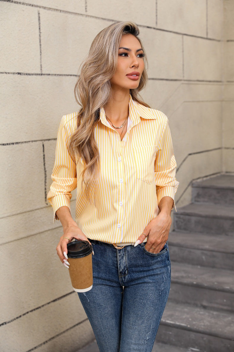 Womens Striped Loose-Fit Casual Collared Long-Sleeve Shirt